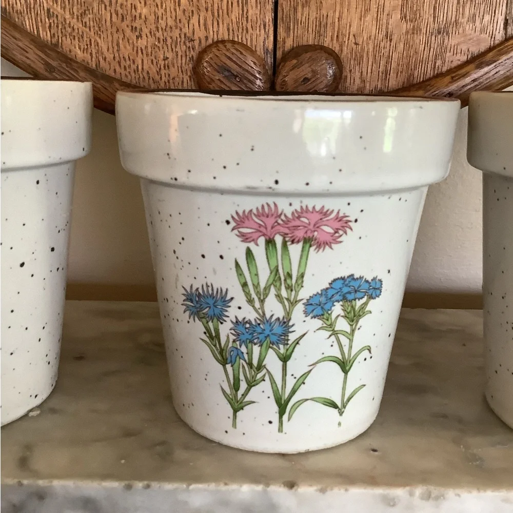 Vintage Otigiri Style Japanese Speckled Wild Flowers Set of 3 Flower Pots Vases - Picture 3 of 9